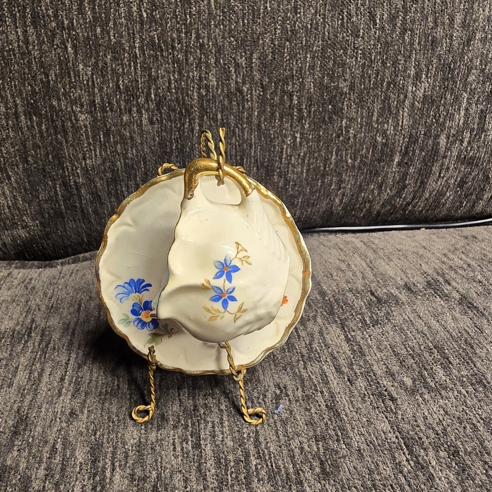 Vtg Miniature Porcelain Teacup & Saucer Set Floral Gilt Scalloped Blue Interior
